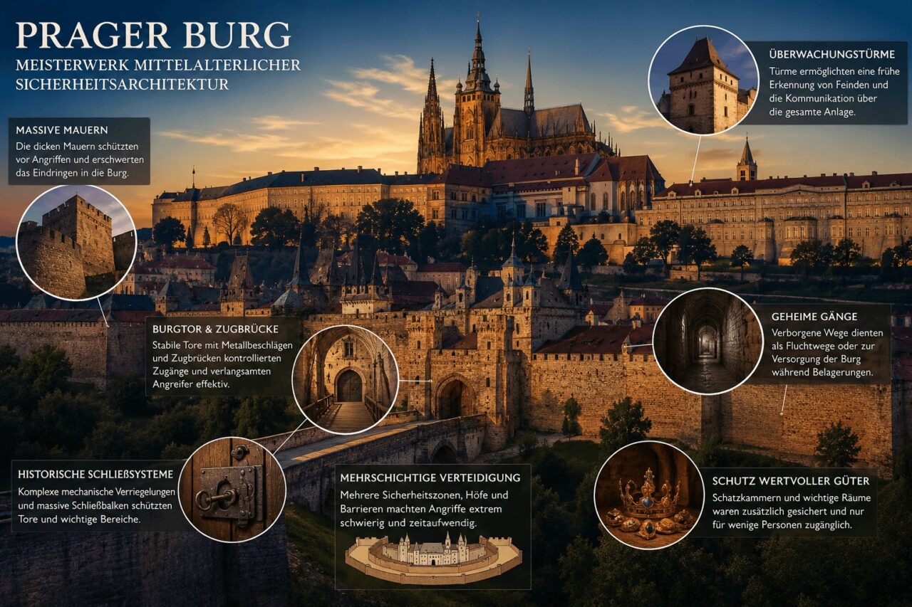 Prager Burg mit mittelalterlicher Sicherheitsarchitektur, Burgtoren und historischen Verteidigungssystemen
