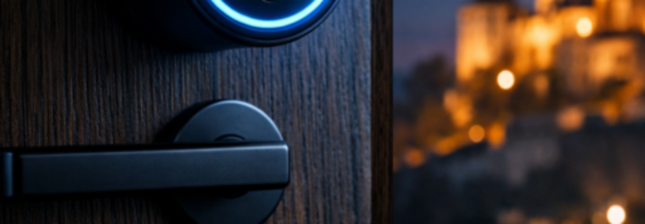 Modernes Smart-Lock mit blauem Leuchtring vor einer beleuchteten historischen Burg bei Nacht