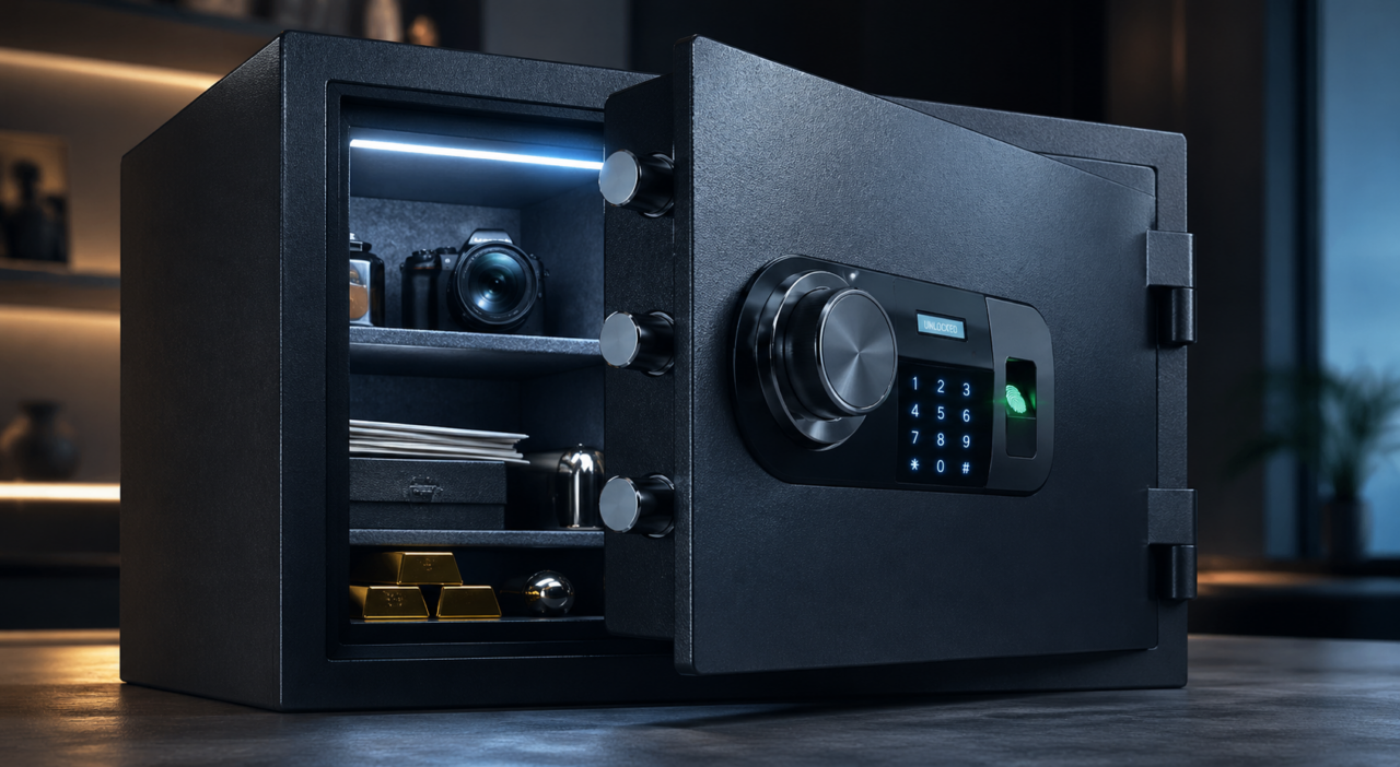 Moderner Tresor mit Fingerabdruckscanner und digitalem Zahlenschloss für erhöhte Sicherheit