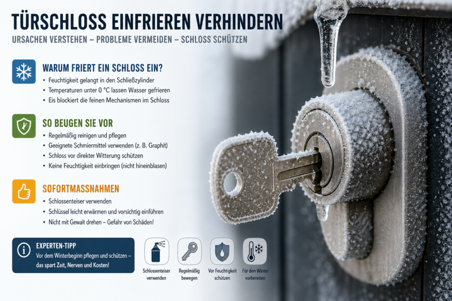 Vereistes Türschloss im Winter mit Tipps zur Vermeidung und Enteisung